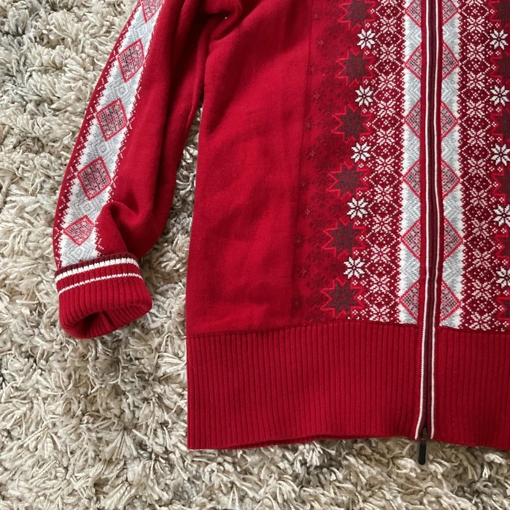 Eddie Bauer Womens Red Fair Isle Full Zip Nordic Snowflake Sweater Mock‎ Neck L